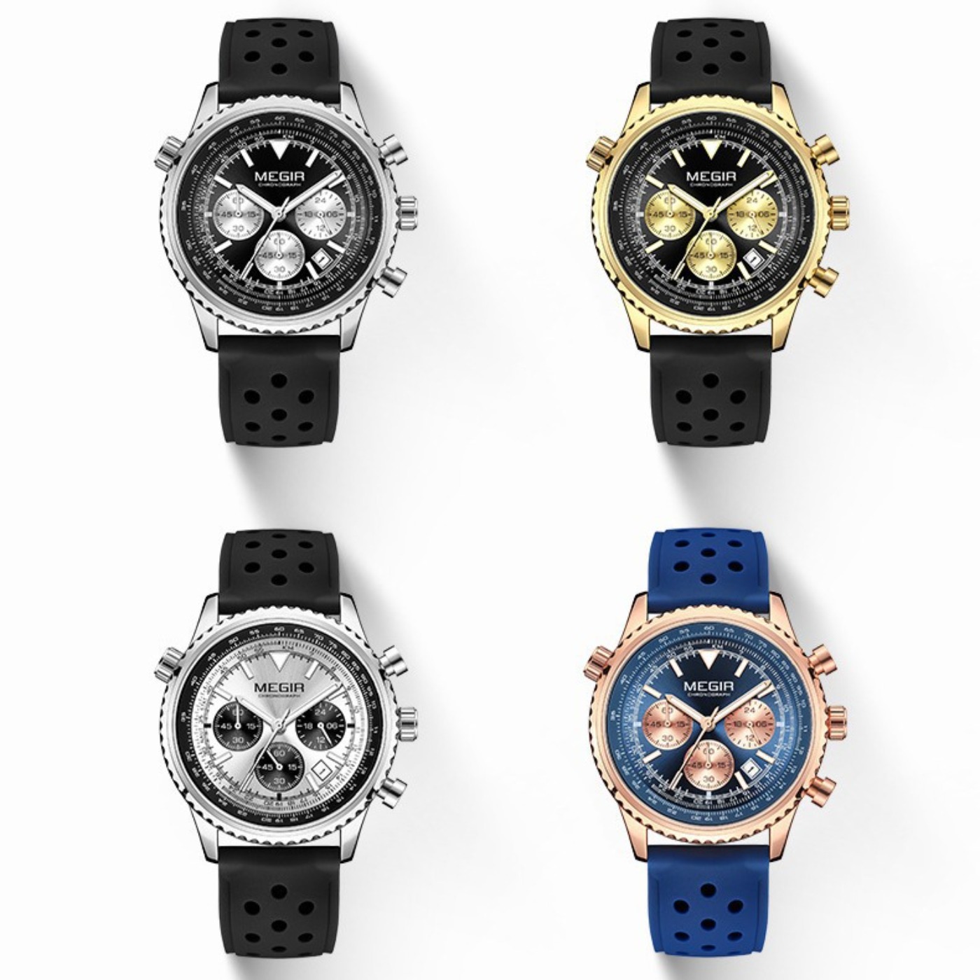 Leather Watch Strap - MEGIR Zilver Zwart Quartz Horloge Heren