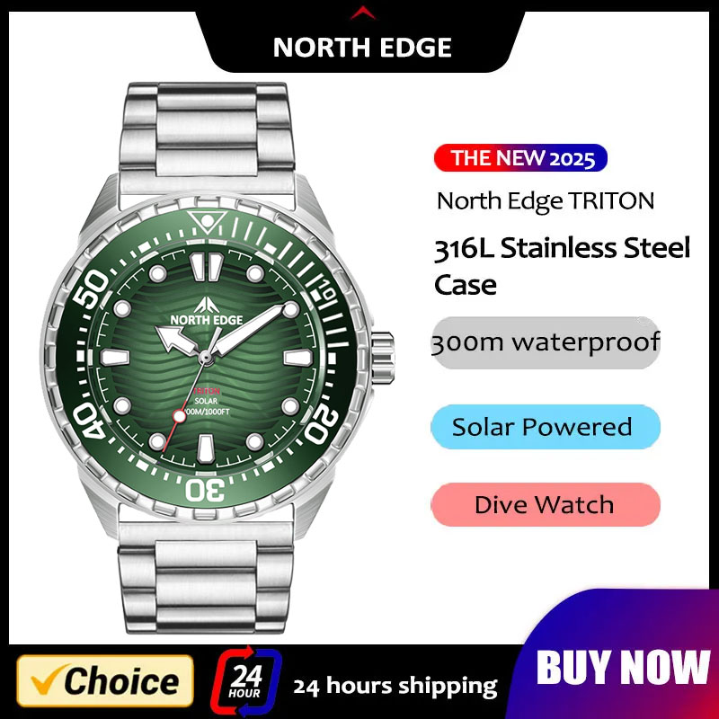 Solar Powered Watch - 2026 Nieuwe NORTH EDGE TRITON Duikhorloge